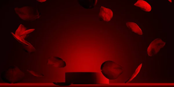 红色产品讲台放置在坚实的背景上 玫瑰花瓣飘落 奢华的高档美容 化妆品和温泉礼品店的展示 情人节礼物展示会 3D渲染 — 图库照片