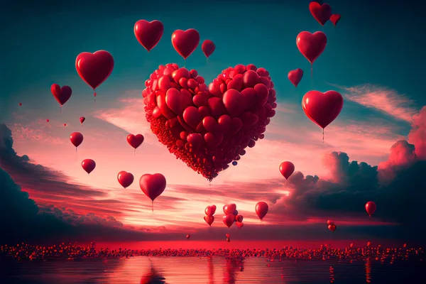 Heart shape balloons flying above red field of flowers. Valentine\'s day wallpaper background. Dreamy surreal valentine landscape