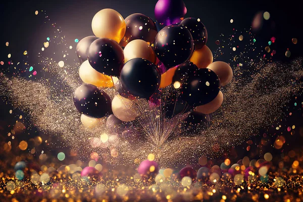 Colorful helium balloons on dark sparkling bokeh background.  Celebration birthday party decor. Luxury creative idea for party event decor.