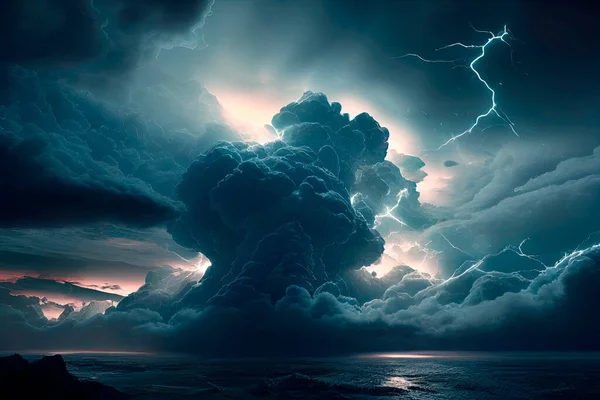 Dramatic thunderstorm and dramatic sky over blue sea. Stormy weather with thunder landscape.