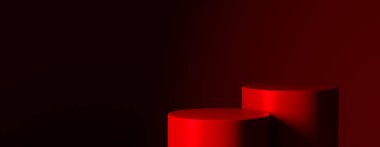 Red podium for premium product placement on dark background. Pedestal studio display mockup. luxury platform stand design template.