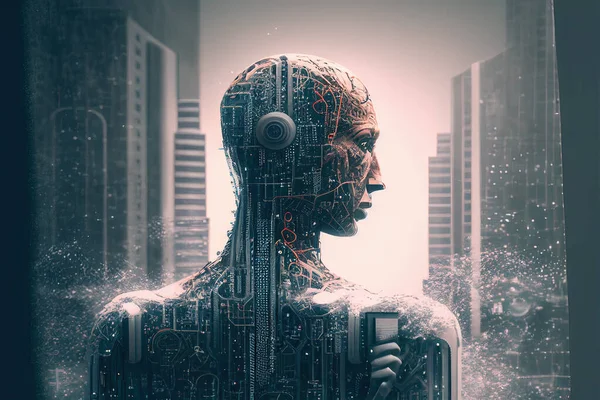 Künstliche Intelligenz Abstraktes Konzept Humanoide Roboter Und Moderner Bauhintergrund — Stockfoto