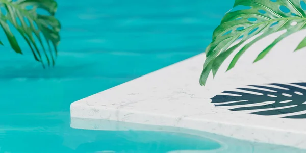Summer background with marble podium in pool water and monstera leaf shade. Luxury hotel resort for product placement.