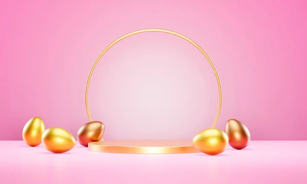 Zlatá Velikonoční Vajíčka Produktové Pódium Jeviště Pastelově Růžovém Stole Vykreslení — Stock fotografie