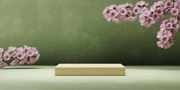 Trä Produkt Podium Med Körsbärsblomma Blommor Grön Bakgrund Våren Mockup — Stockfoto