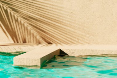 Beton duvar, havuz suyu ve palmiye yaprağı gölgesi olan tropik yaz arkaplanı. Lüks otel otelinin dış mekanı ürün yerleştirme için. Açık havada tatil evi sahnesi, tarafsız mimari estetik.