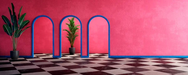 Rosa Leere Wand Luxus Haus Mit Bemalten Betonwänden Bodenfliesen Bogen — Stockfoto