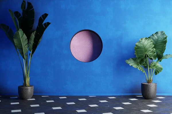 Prázdná Místnost Modrou Betonovou Stěnou Dlaždicovou Podlahou Topickou Rostlinou — Stock fotografie