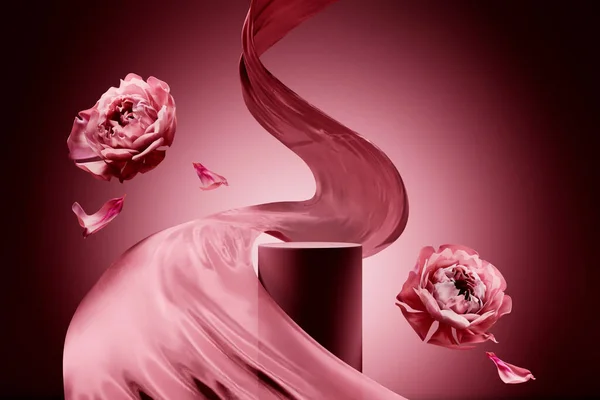 Colocación Podio Producto Rosa Sobre Fondo Sólido Con Flores — Foto de Stock