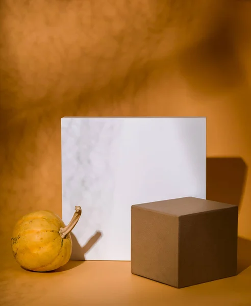 Composition Abstraite Fond Automne Avec Podium Cube Décor Citrouille Action — Photo