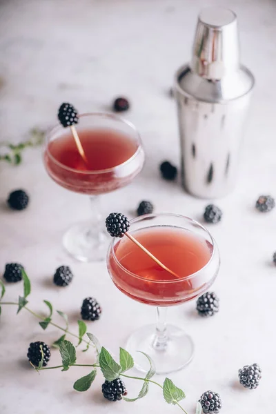 黑莓杜松子酒配马提尼酒 用水果装饰在豪华大理石桌上 上流社会晚宴的酒水 图库图片