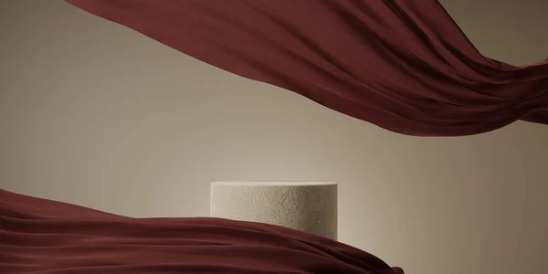 Stone Podium Satin Fabric Floating Beige Background Luxury Product Placement Stok Resim