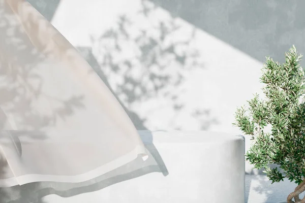 白いコンクリートの空のテーブル 有機的なカーテンおよびセメントの壁のオリーブの木の影 プロダクト配置のモックアップのための夏の外部シーン 中立最小の美学 ロイヤリティフリーのストック画像