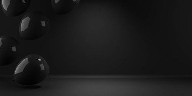 Boş uzayda uçan siyah balonlar ile Kara Cuma arkaplanı