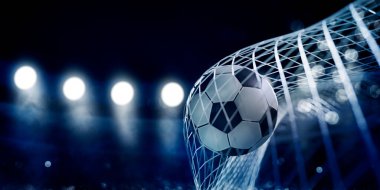 Gol ağındaki futbol topuna yaklaş. Ni 'nin önünde futbol oynamak