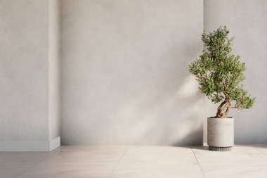 Lüks modern villa içinde boş beton duvarlı minimal iç tasarım. Tarafsız biçimde zarif mimari arkaplan.