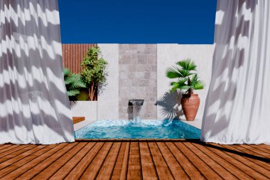 Modern otel villasında, lüks yüzme havuzunun arkasında paraşüt perdeleri olan ahşap döşeme sahnesi. Tropikal ev havuz başı boş veranda sergi salonu model şablonu. Estetik çöl kıyı mimarisi.