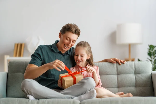 Happy Father Day Child Daughter Congratulating Dad Giving Him Gift — Stock Photo, Image