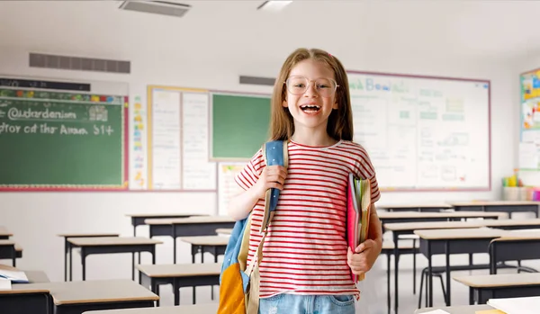Pupil Primary School Girl Backpacks Indoors Beginning Lessons First Day — Stock Photo, Image