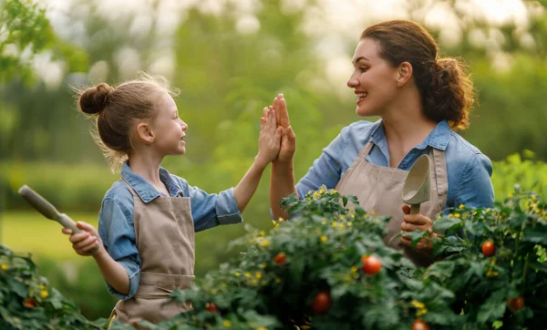 Glückliche Mutter Und Tochter Bei Der Gartenarbeit Hinterhof Kind Hilft — Stockfoto