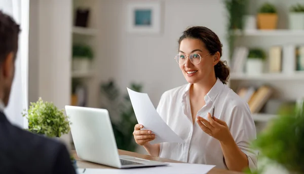 stock image Man and woman are working in office. Collaborative teamwork.