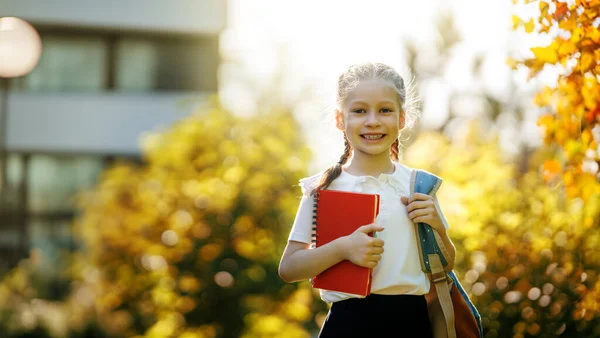 小学校の生徒 バックパック付きの女の子屋外 レッスン開始 秋の初日 — ストック写真