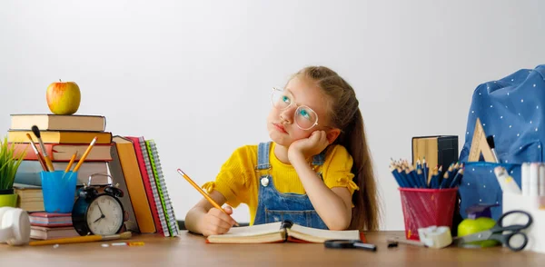 Back School Thinking Child Sitting Desk Girl Doing Homework — Stock Photo, Image