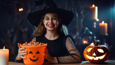 Oyulmuş balkabağı olan sevimli genç cadı. Karnaval kostümlü güzel bir genç kız. Cadılar Bayramı Partisi konsepti.