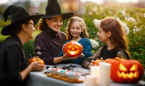 Happy Family Preparing Halloween Mother Grandmother Children Carving Pumpkins Backyard — Stock Photo, Image