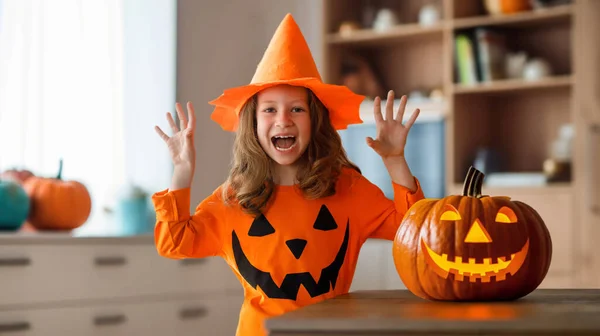 Cute Little Child Girl Carving Pumpkin Happy Family Preparing Halloween — Stock Photo, Image