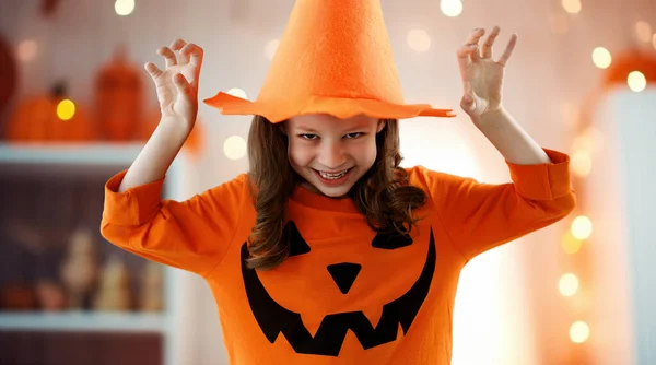 Cute Little Child Girl Carving Pumpkin Costume Happy Family Preparing — Stock Photo, Image