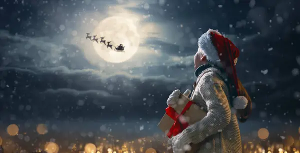 Buon Natale Ciao Carino Bambino Con Regalo Natale Babbo Natale — Foto Stock