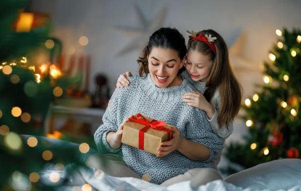 Merry Christmas Happy Holidays Cheerful Mom Her Cute Daughter Girl — Stock Photo, Image