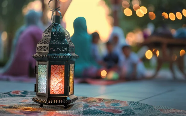 Sierlijke Arabische Lantaarn Met Brandende Kaars Gloeiend Feestelijke Wenskaart Uitnodiging — Stockfoto