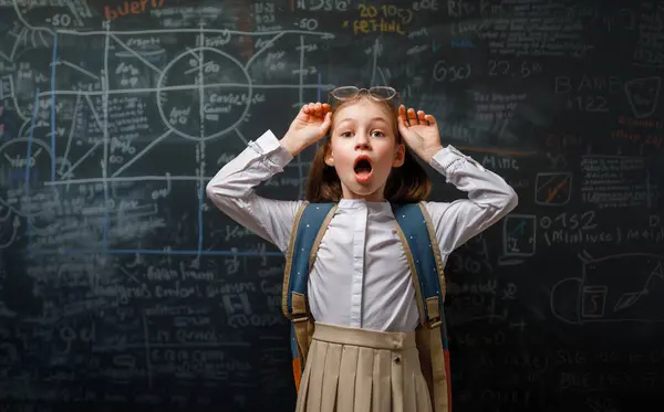 Back School Unhappy Kid Indoors Girl Learning Class Background Blackboard — Stock Photo, Image