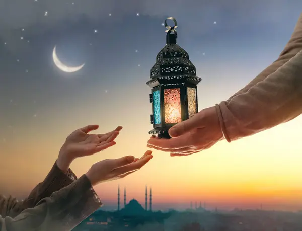 Ornamental Arabic Lantern Burning Candle Glowing Hand Festive Greeting Card — Stock Photo, Image