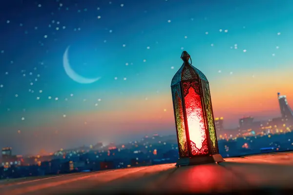 Ornamental Arabic Lantern Burning Candle Glowing Night Background Festive Greeting — Stock Photo, Image