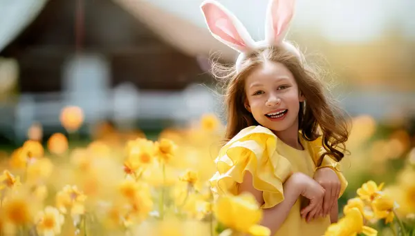 Güzel Bir Çocuk Doğadaki Paskalyayı Kutluyoruz Sevimli Küçük Kız Tavşan — Stok fotoğraf