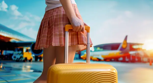 Una Aventura Piernas Mujer Joven Con Maleta Aeropuerto Imagen de stock
