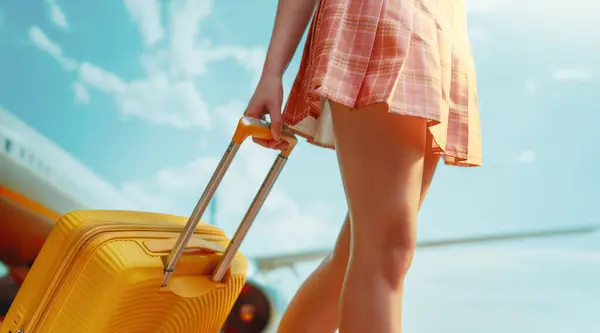 Una Aventura Piernas Mujer Joven Con Maleta Aeropuerto Imagen de archivo