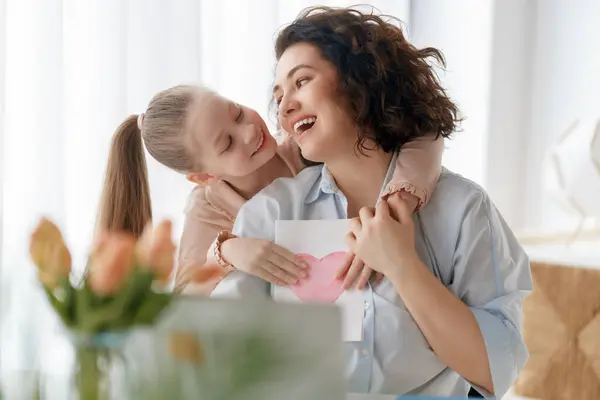 Happy Mother Day Child Daughter Congratulating Mom Giving Her Postcard Stock Photo