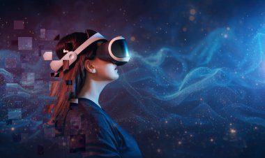 Metaverse technology concept. Woman with VR virtual reality goggles. Futuristic lifestyle. clipart
