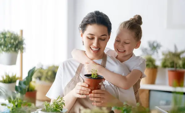 Cute Child Girl Helping Her Mother Care Plants Mom Her — Stock Photo, Image