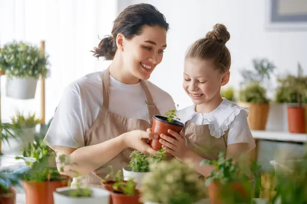 Schattig Kind Meisje Helpt Haar Moeder Voor Planten Zorgen Mam Stockafbeelding