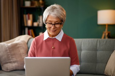 Neşeli, güzel, son sınıf öğrencisi kadın evdeki kanepede otururken dizüstü bilgisayar kullanıyor..