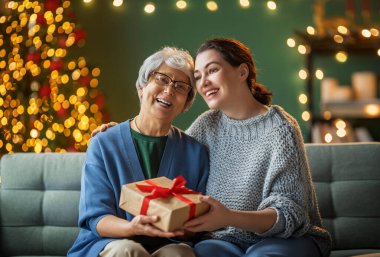 Mutlu Noeller ve mutlu tatiller. Büyük anne ve yetişkin kızı hediye değiş tokuşu yapıyor. Odasında hediyeler olan sevgi dolu bir aile