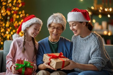 Mutlu Noeller ve mutlu tatiller. Büyükanne, anne ve çocuklar hediye değiş tokuşu yapıyor. Ebeveynler ve kızlar kapalı alanda eğleniyorlar. Odasında hediyeler olan sevgi dolu bir aile.