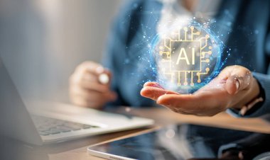 Dijital tablet kullanan bir iş adamı. Üretken yapay zeka kavramı