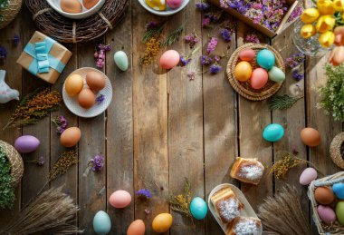 Paskalya tatili geçmişi. Ahşap masada renkli yumurtalar ve çiçekler. Üst görünüm