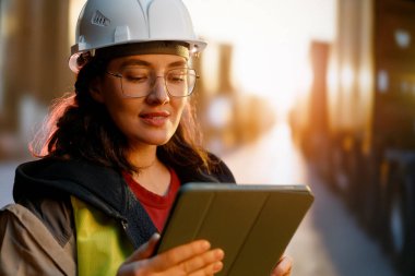 Beyaz şapkalı kadın endüstriyel mühendis konteyner terminalinde çalışıyor..